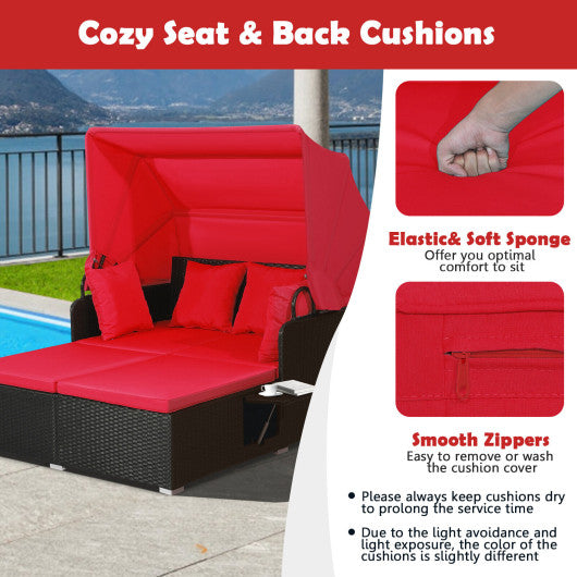 Patio Rattan Daybed with Retractable Canopy and Side Tables-Red