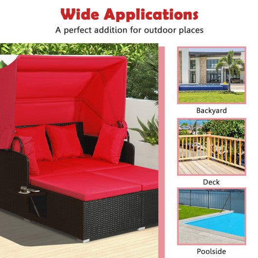 Patio Rattan Daybed with Retractable Canopy and Side Tables-Red