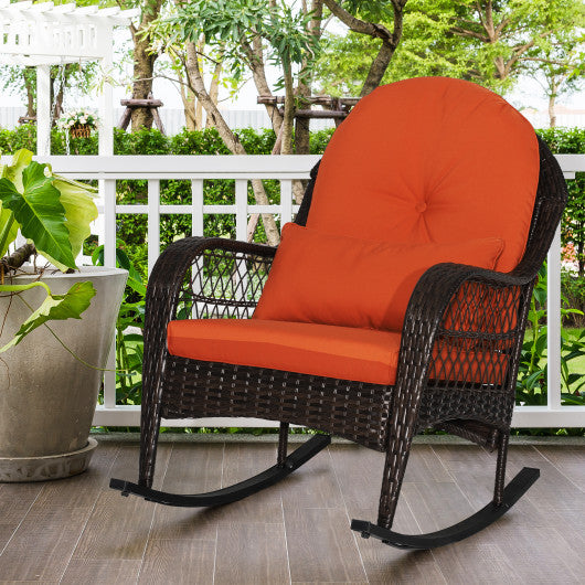 Patio Rattan Rocking Chair with Seat Back Cushions and Waist Pillow-Red