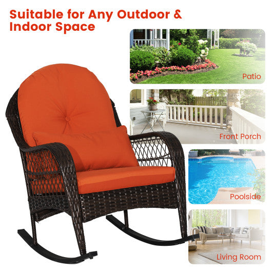 Patio Rattan Rocking Chair with Seat Back Cushions and Waist Pillow-Red