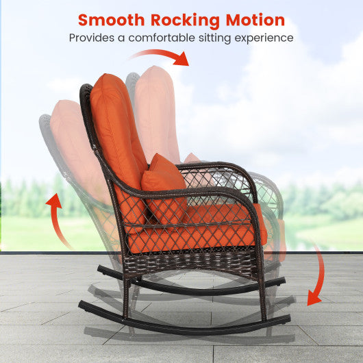 Patio Rattan Rocking Chair with Seat Back Cushions and Waist Pillow-Red