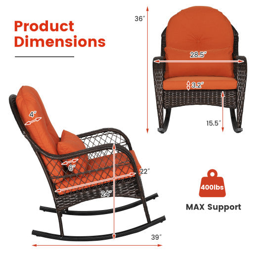 Patio Rattan Rocking Chair with Seat Back Cushions and Waist Pillow-Red