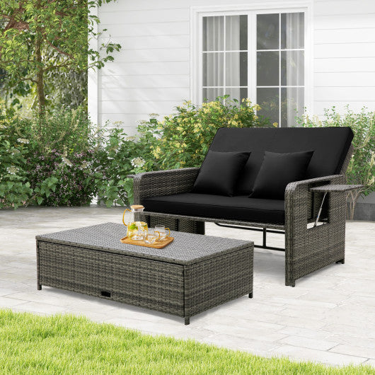 Patio Wicker Loveseat Sofa with Multipurpose Ottoman and Retractable Side Tray-Black