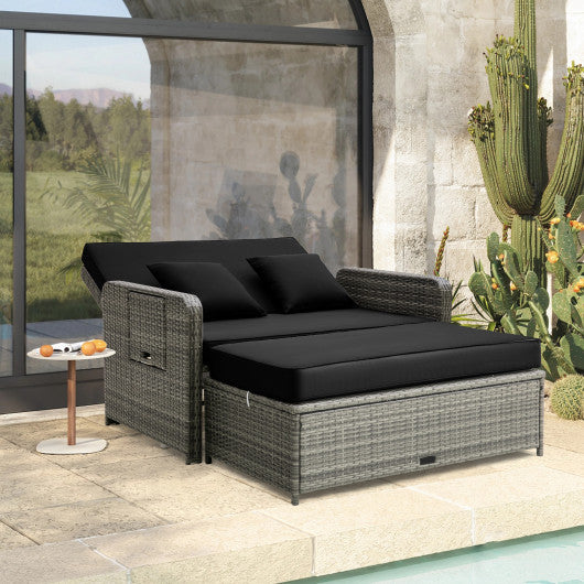 Patio Wicker Loveseat Sofa with Multipurpose Ottoman and Retractable Side Tray-Black