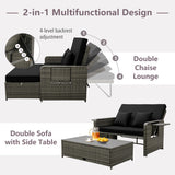 Patio Wicker Loveseat Sofa with Multipurpose Ottoman and Retractable Side Tray-Black