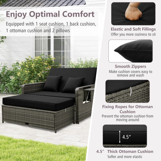 Patio Wicker Loveseat Sofa with Multipurpose Ottoman and Retractable Side Tray-Black