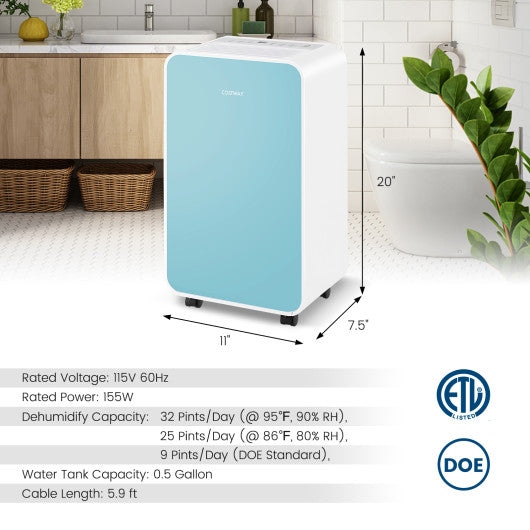 32 Pints/Day Portable Quiet Dehumidifier for Rooms up to 2500 Sq. Ft-Blue