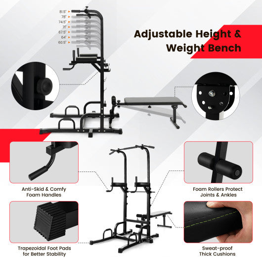 Power Tower Pull Up Bar Stand with Adjustable Heights and Bench