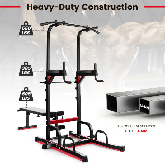 Power Tower Pull Up Bar Stand with Adjustable Heights and Bench