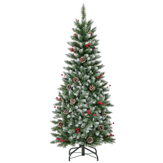 Pre-lit Artificial Pencil Christmas Tree with Pine Cones and Red Berries-5 ft