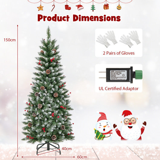 Pre-lit Artificial Pencil Christmas Tree with Pine Cones and Red Berries-5 ft