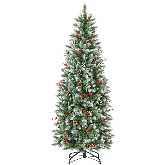Pre-lit Artificial Pencil Christmas Tree with Pine Cones and Red Berries-6 ft