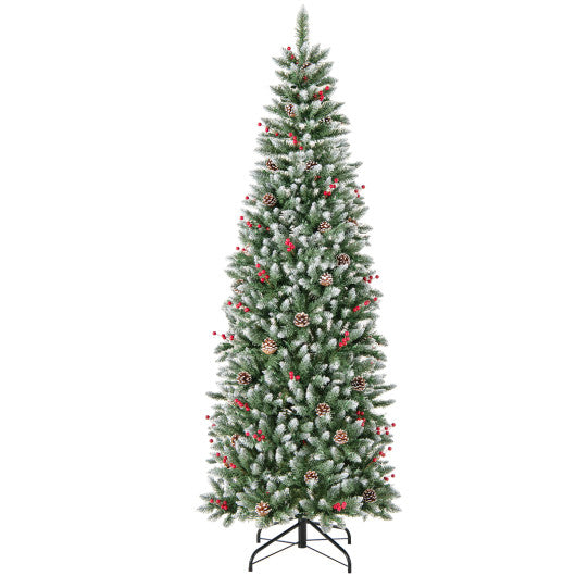 Pre-lit Artificial Pencil Christmas Tree with Pine Cones and Red Berries-7 ft