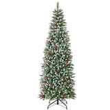 Pre-lit Artificial Pencil Christmas Tree with Pine Cones and Red Berries-7 ft