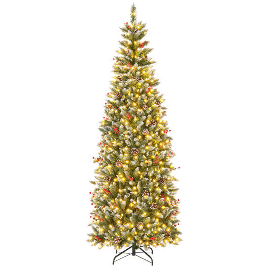 Pre-lit Artificial Pencil Christmas Tree with Pine Cones and Red Berries-7 ft