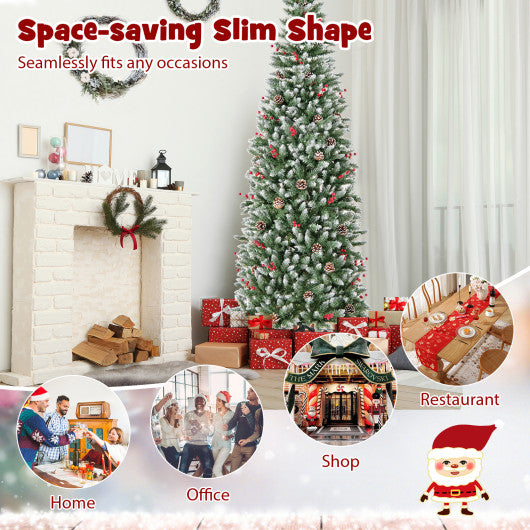 Pre-lit Artificial Pencil Christmas Tree with Pine Cones and Red Berries-7 ft