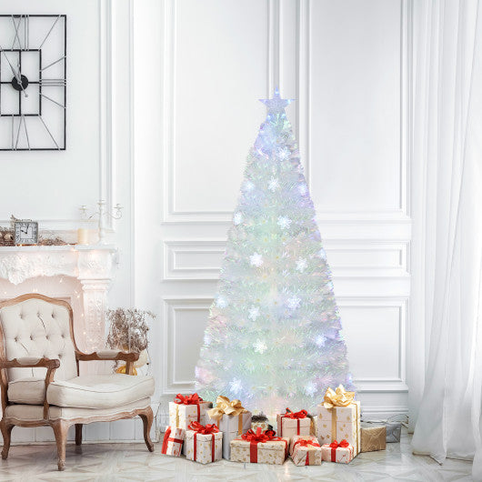 5/6/7 Feet Pre-Lit White Artificial Christmas Tree with Iridescent Leaves-6 ft