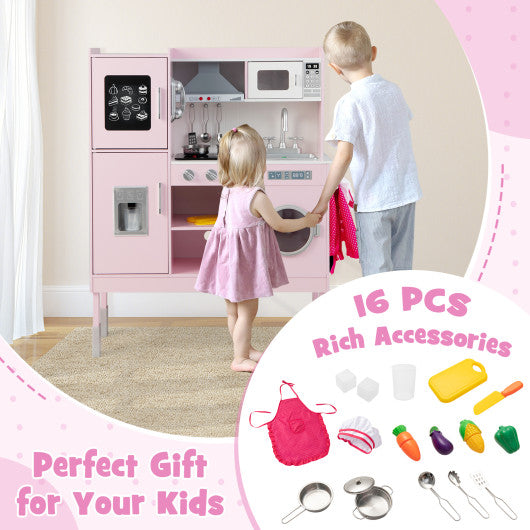 Pretend Play Kitchen for Kids with 16 Pieces Accessories-Pink