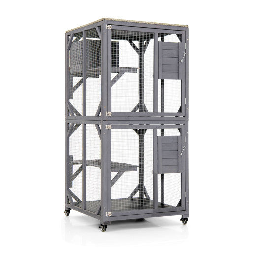 Outdoor Cat House Enclosures on Wheels Kitten Cages with Resting Box-Gray