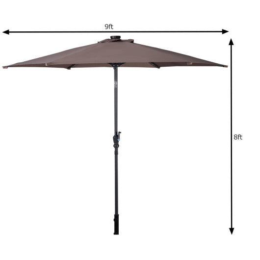 9FT Patio Solar Umbrella LED Patio Market Steel Tilt W/ Crank Outdoor New-Tan