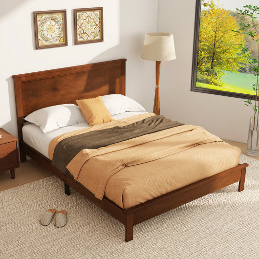Queen Size Bed Frame Platform Slat High Headboard Bedroom with Rubber Wood Leg-Walnut