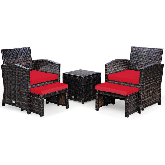 5 Pieces Patio Rattan Furniture Set with Ottoman and Tempered Glass Coffee Table-Red