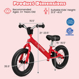 12 Inch Toddler Balance Bike with Height Adjustable Handlebar and Seat-Red