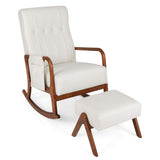 Rocking Chair with Ottoman and Solid Rubber Wood Frame and Padded Cushion-Beige