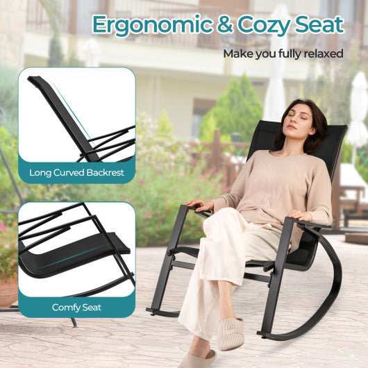 2 Pieces Patio Rocking Chairs Outdoor Sling Fabric Rockers with Ergonomic Backrest and Seat-Black