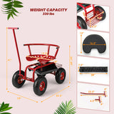 Rolling Garden Cart with Height Adjustable Swivel Seat and Storage Basket-Red