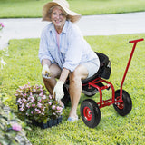 Rolling Garden Cart with Height Adjustable Swivel Seat and Storage Basket-Red