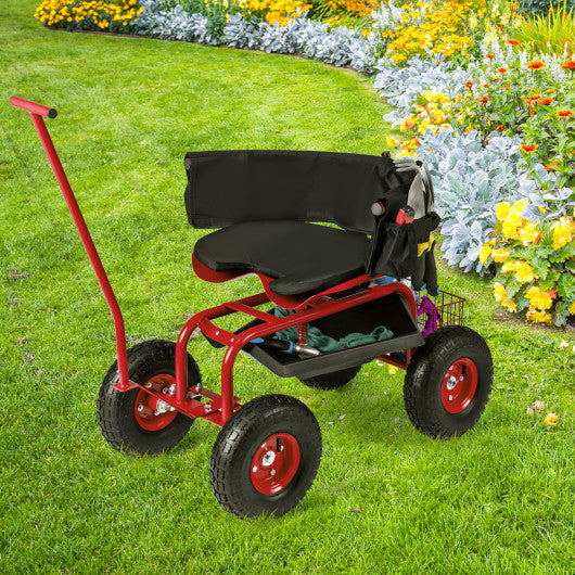 Rolling Garden Cart with Height Adjustable Swivel Seat and Storage Basket-Red