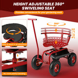 Rolling Garden Cart with Height Adjustable Swivel Seat and Storage Basket-Red