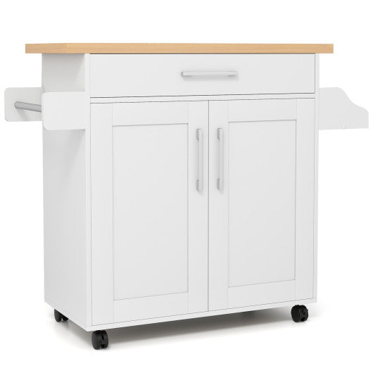 Rolling Kitchen Island Cart with Towel and Spice Rack-White