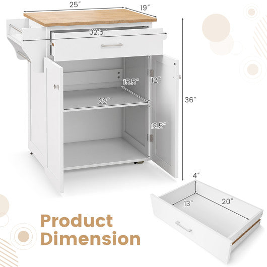Utility Rolling Storage Cabinet Kitchen Island Cart with Spice Rack-White