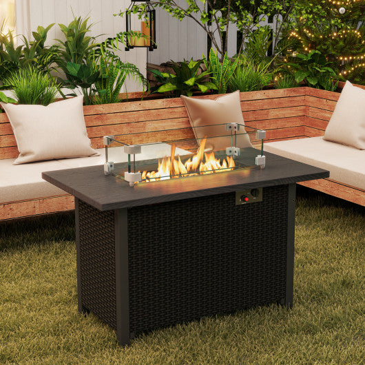 50000 BTU 2 Inch ropane Gas Fire Pit Table with Wind Guard and Glass Rocks-Black