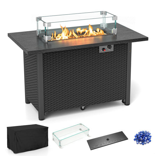 50000 BTU 2 Inch ropane Gas Fire Pit Table with Wind Guard and Glass Rocks-Black