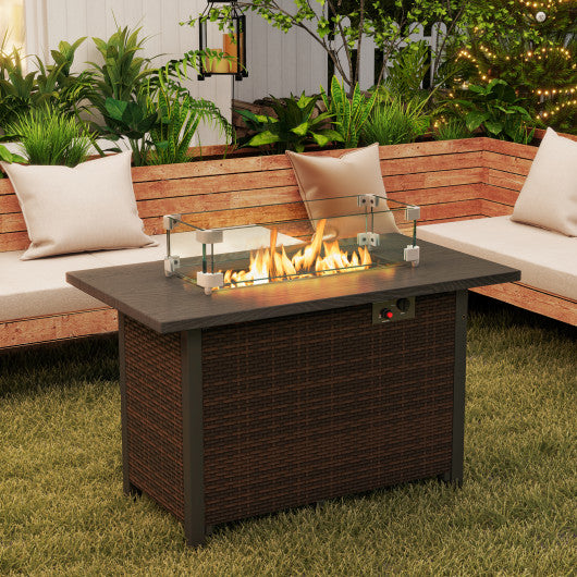 50000 BTU 2 Inch ropane Gas Fire Pit Table with Wind Guard and Glass Rocks-Brown