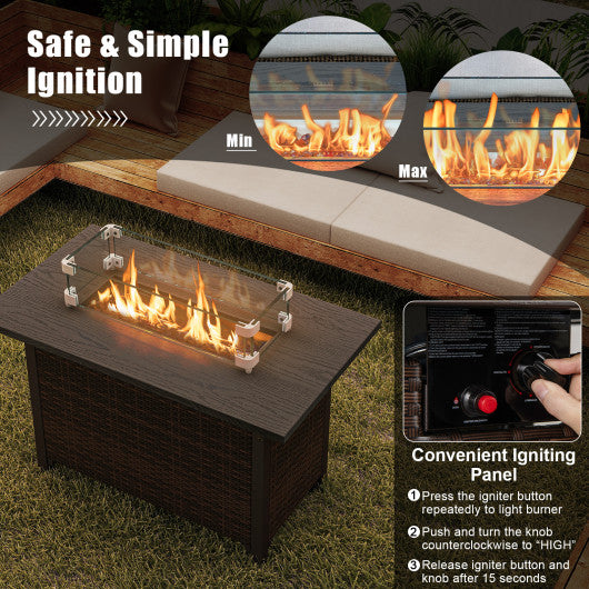 50000 BTU 2 Inch ropane Gas Fire Pit Table with Wind Guard and Glass Rocks-Brown