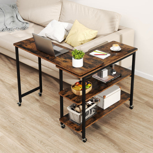 360° Rotating Sofa Side Table with Storage Shelves and Wheels-Rustic Brown