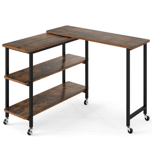 360° Rotating Sofa Side Table with Storage Shelves and Wheels-Rustic Brown