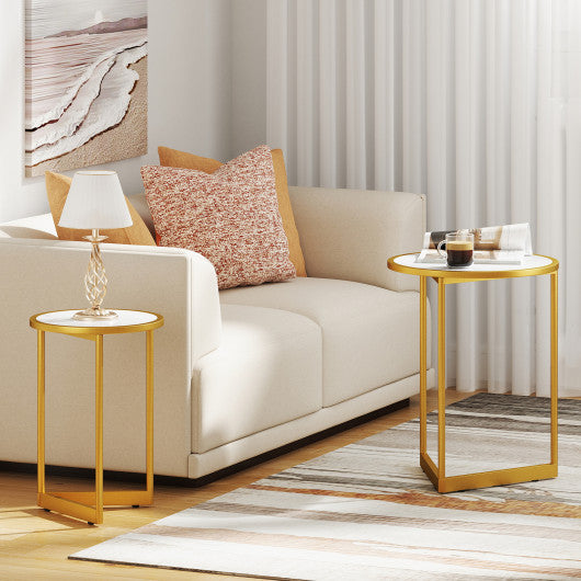 Round Nesting Table Set of 2 with Marble-like Tabletop-White
