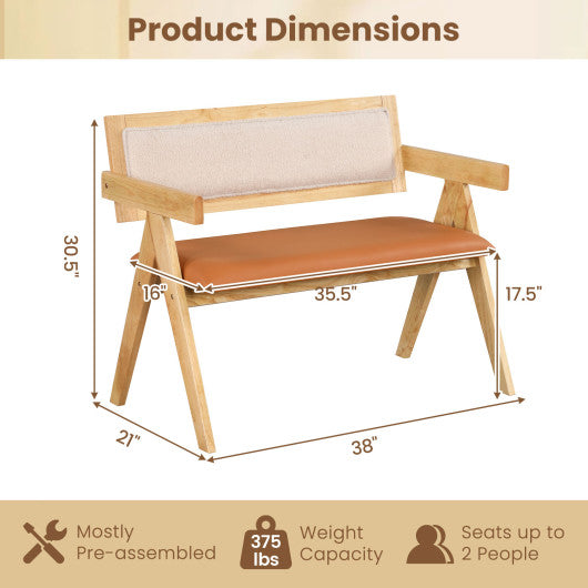 Rubber Wood Dining Bench with Armrest Sherpa Upholstered Backrest and Soft-padded Seat-Natural