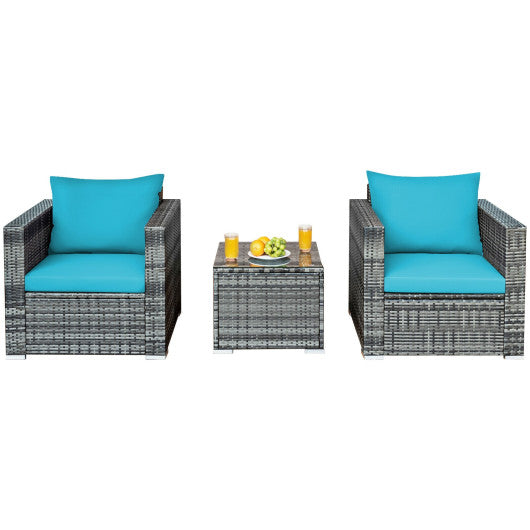 3 Pieces Patio Rattan Furniture Bistro Sofa Set with Cushioned-Turquoise