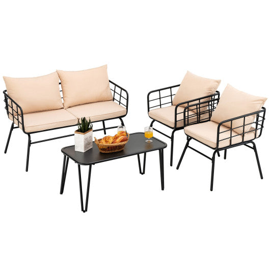 4 Pieces Patio Furniture Set with Seat Back Cushions for Garden-Beige