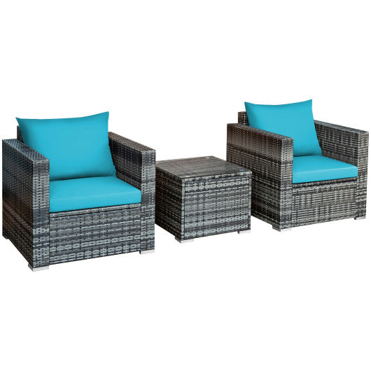 3 Pieces Patio Rattan Furniture Bistro Sofa Set with Cushioned-Turquoise