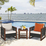 3 Pieces Patio Wicker Furniture Set with Washable Cushion and Acacia Wood Coffee Table-Beige