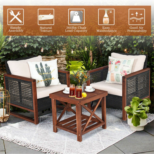 3 Pieces Patio Wicker Furniture Set with Washable Cushion and Acacia Wood Coffee Table-Beige