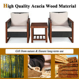 3 Pieces Patio Wicker Furniture Set with Washable Cushion and Acacia Wood Coffee Table-Beige