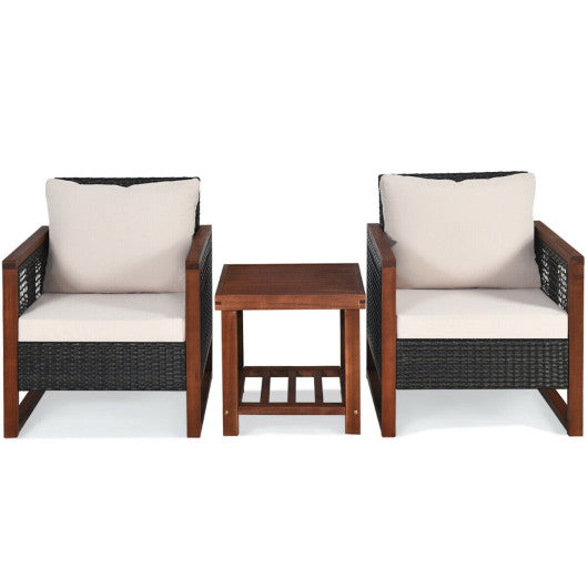 3 Pieces Patio Wicker Furniture Set with Washable Cushion and Acacia Wood Coffee Table-Beige